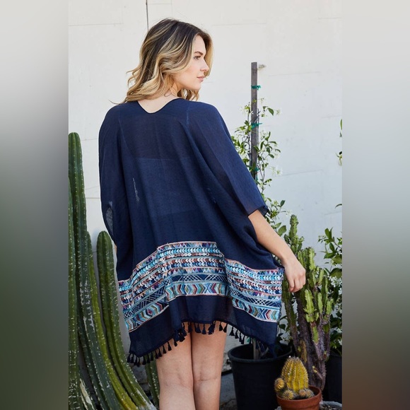 Spring Break RESORT Tribal Kimono Spring Summer color wrap Cover-up New Navy - Picture 2 of 2